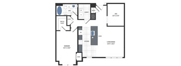 A floor plan of a small apartment with a living room, kitchen, and bathroom.