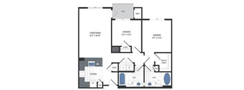 A floor plan of a house with a living room, kitchen, and three bedrooms.