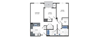 A floor plan of a house with a living room, two bedrooms, a kitchen, a bathroom, and a garage.