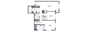A floor plan of a house with a living room, dining room, kitchen, and bathrooms.