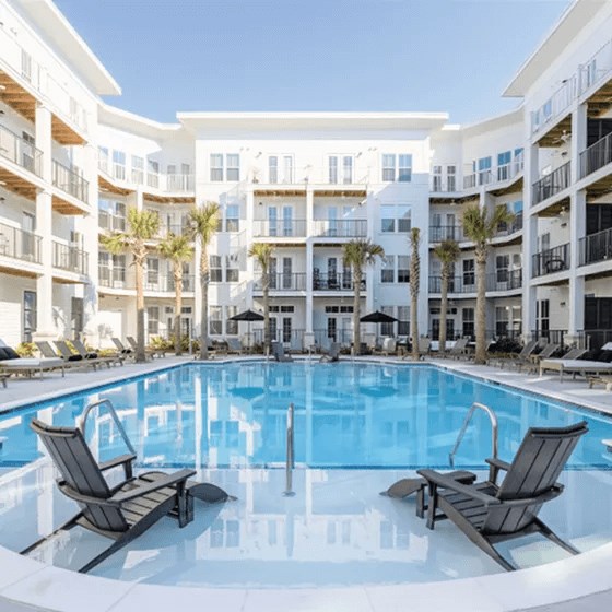 A swimming pool with two lounge chairs in front of a white apartment building.