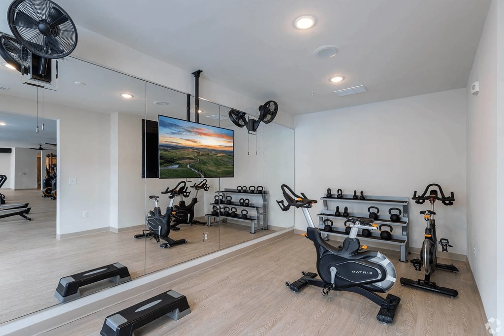 A spacious room with a mirror, exercise equipment, and a television displaying a sunset.