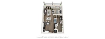 A 3D floor plan of a small apartment with a kitchen, living room, and bathroom.