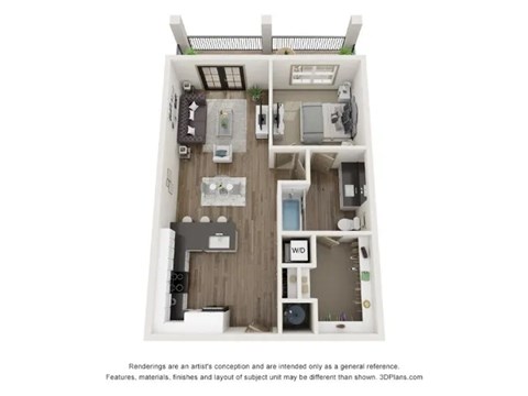 A 3D floor plan of a small apartment with a kitchen, living room, and bathroom.