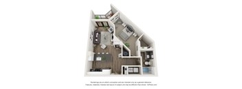 A 3D floor plan of a house with a kitchen, living room, and two bedrooms.