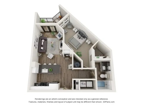 A 3D floor plan of a house with a kitchen, living room, and two bedrooms.