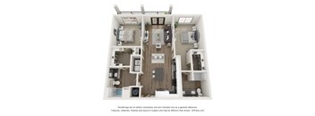 A 3D floor plan of a small apartment with a kitchen, living room, and two bedrooms.