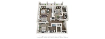 A 3D floor plan of a house with a kitchen, living room, and bedrooms.