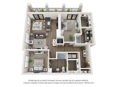 A 3D floor plan of a house with a kitchen, living room, and bedrooms.