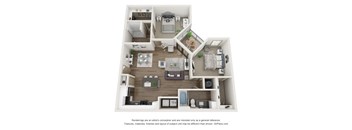 A 3D floor plan of a house with a kitchen, living room, dining room, and bedrooms.