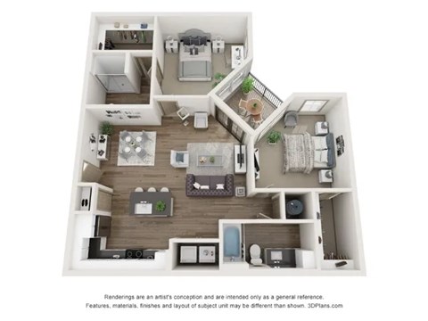 A 3D floor plan of a house with a kitchen, living room, dining room, and bedrooms.