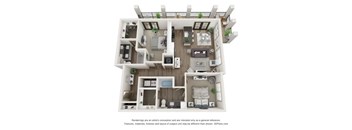 A 3D floor plan of a house with a kitchen, living room, and two bedrooms.