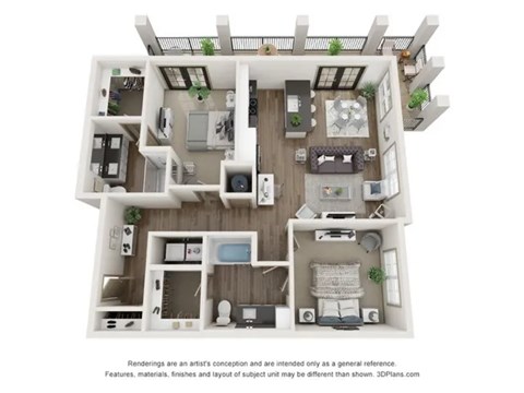 A 3D floor plan of a house with a kitchen, living room, and two bedrooms.