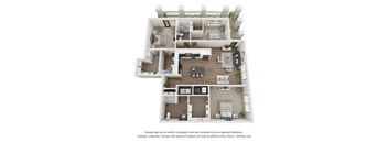 A 3D floor plan of a house with a kitchen, living room, and bedrooms.