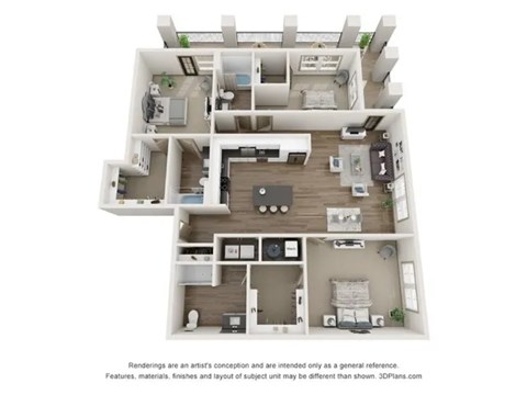 A 3D floor plan of a house with a kitchen, living room, and bedrooms.