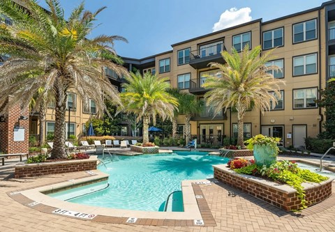 A pool surrounded by palm trees and a brick wall.