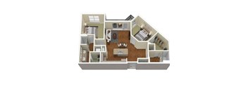 A 3D floor plan of a house showing a kitchen, living room, and bedrooms.