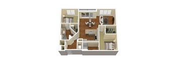 A floor plan of a house with a kitchen, living room, and two bedrooms.