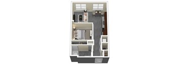 A floor plan of a small apartment with a kitchen, living room, and bathroom.