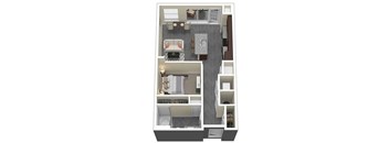 A floor plan of a two-bedroom apartment with a living room, kitchen, and bathroom.