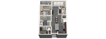 A floor plan of a house with a kitchen, living room, and two bedrooms.