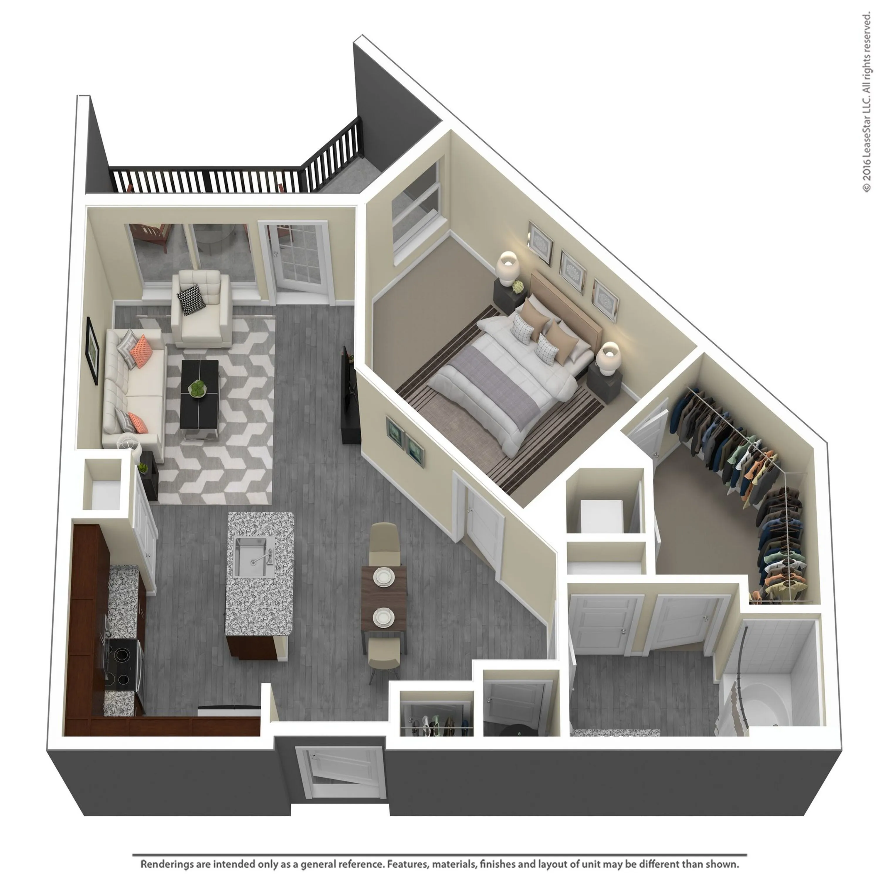 A 3D floor plan of a house showing a living room, kitchen, dining room, and bedrooms.