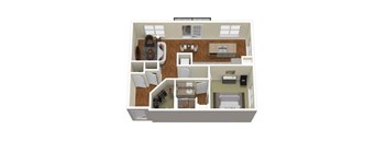 A top-down view of a house layout with a kitchen, living room, and bedrooms.