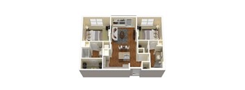 A top-down view of a house layout with a kitchen, living room, and two bedrooms.