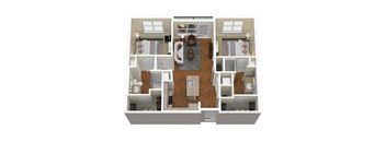 A top-down view of a house layout with a kitchen, living room, and bedrooms.
