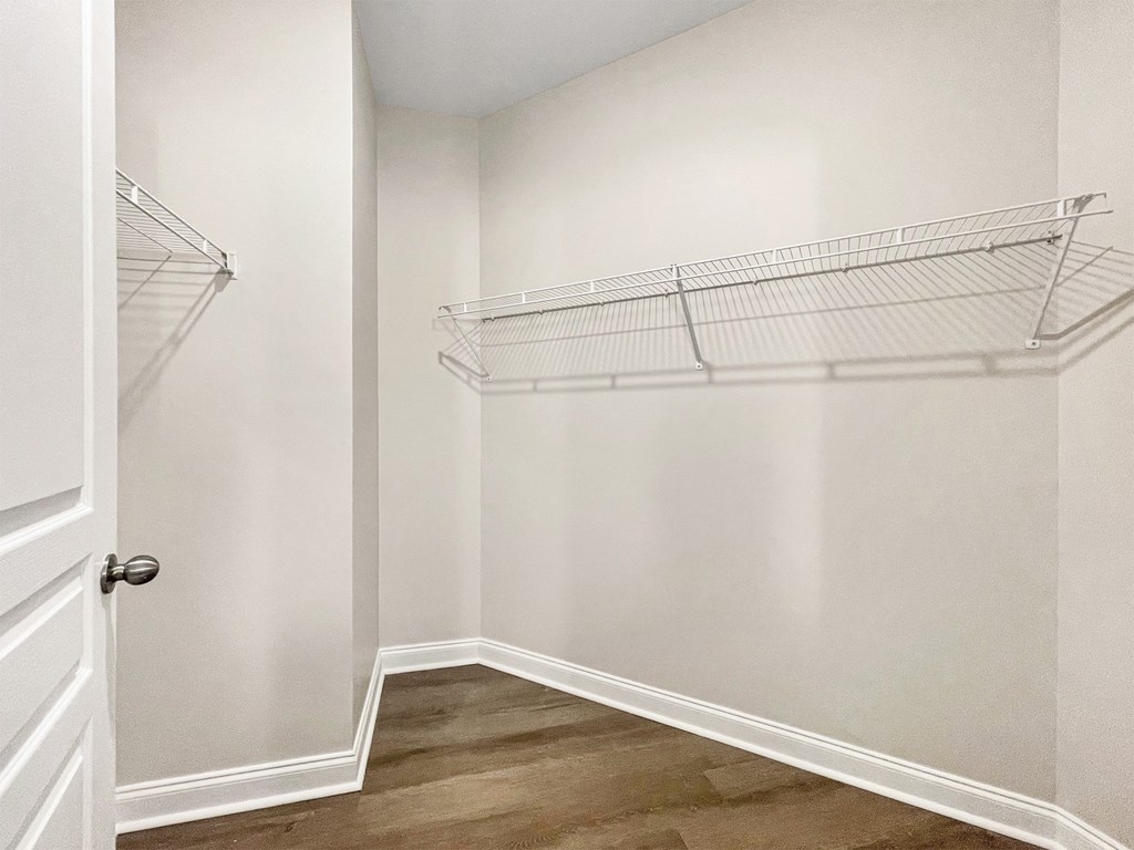 A white closet with a door and shelves.
