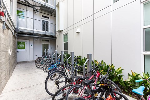 a row of bikes parked outside of a building
