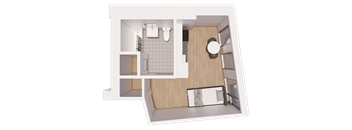 A top-down view of a small apartment with a kitchen, bathroom, and living room.