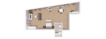 A 3D floor plan of a small apartment with a kitchen, living room, and bathroom.