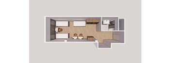a 3d rendering of the interior of a house with a kitchen and living room