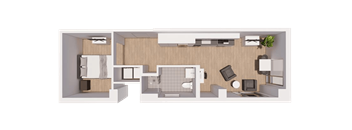 A 3D rendered image of a house layout.
