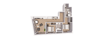 A 3D floor plan of a house with a kitchen, living room, and bedrooms.