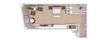 A top-down view of a room with a couch, a bed, a desk, and a chair.
