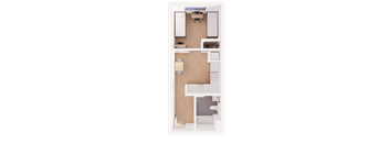 A floor plan of a room with a kitchen area and a living room.