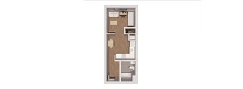 A small apartment with a kitchen, a bathroom, and a living room.