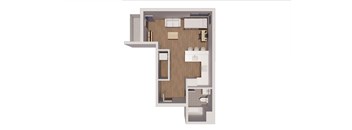 A floor plan of a house with a kitchen, living room, and two bedrooms.