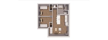 A floor plan of a house with a kitchen, living room, and two bedrooms.