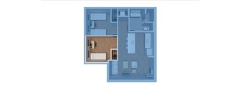 A blueprint of a house layout with a kitchen, living room, and bedrooms.