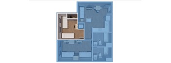 A blueprint of a house layout with a kitchen, living room, and bathrooms.