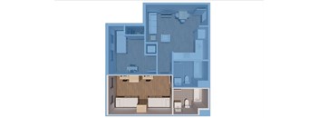 A blueprint of a house with a kitchen, living room, and bathroom.