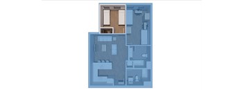 A blueprint of a house with a kitchen, living room, and bathroom.