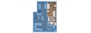 A blueprint of a house with a kitchen, living room, and two bedrooms.