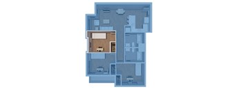 A blueprint of a house with a kitchen, living room, and two bedrooms.