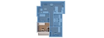 A blueprint of a house with a kitchen, living room, and bedrooms.