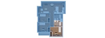 A blueprint of a house with a kitchen, living room, and bathroom.