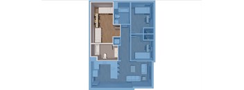 A blueprint of a house with a kitchen, living room, and bathrooms.
